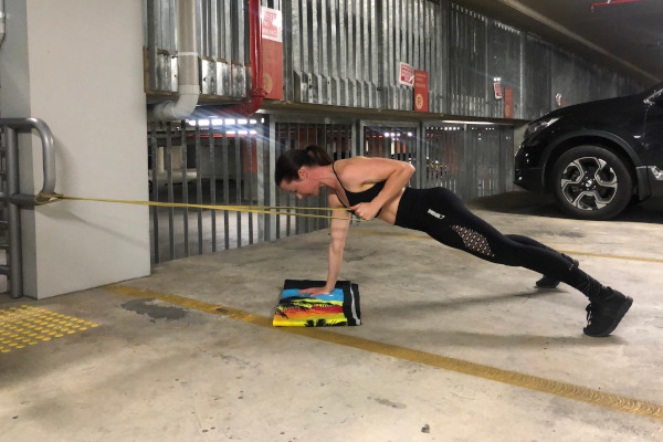 High Plank with Powerband Pulldown
